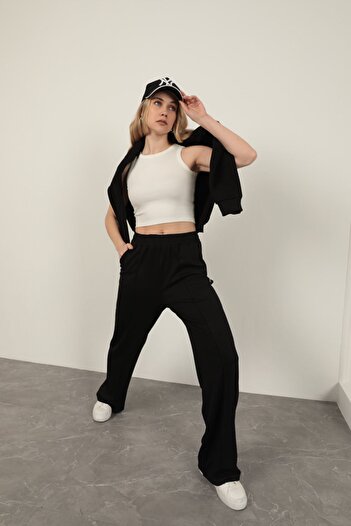 Butik Knitted Modal Black Wide Leg Trousers