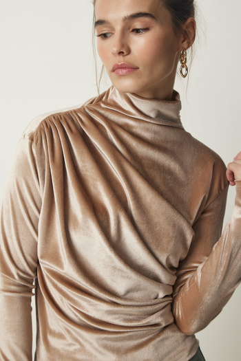 Lovelyİstanbul Μπεζ βελούδινη μπλούζα - Gathered Collar, Lff0019