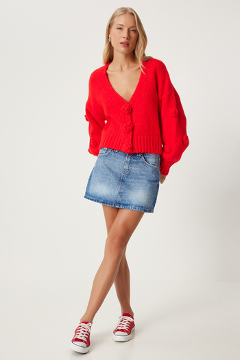 Lovelyİstanbul Red Pompom Flower Patterned Knitwear Cardigan - Lpf0045