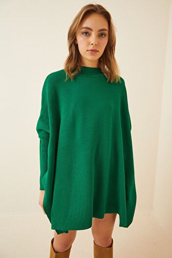 Lovelyİstanbul Pulover Poncho oversize verde - Slit lateral Lyy0016