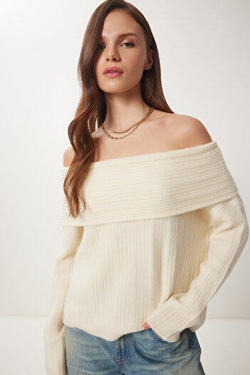 Lovelyİstanbul Cream Colored Open Shoulder Knitwear Sweater - Lpf0005