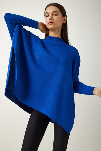 Lovelyİstanbul Pulover Poncho Tricot Albastru - Guler Stand și Fante Lza0002