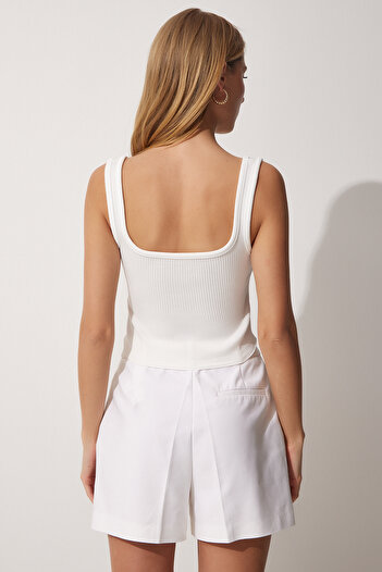 Lovelyİstanbul 2'li Askılı Yazlık Triko Crop Bluz BEYAZ BİSKÜVİ LYY0011