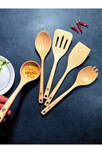 Handcraft 5 Piece Handmade Oiled Antique Plane Tree Wooden Spoon & Spatula Wooden Kitchen Set