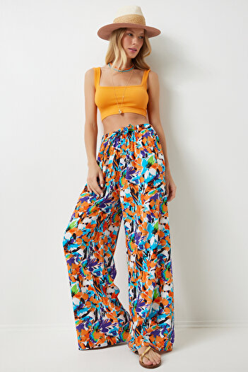Lovelyİstanbul Viscose Palazzo Trousers - Patterned, Draped, Sky Blue and Orange Len0003