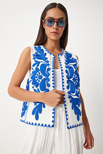 Lovelyİstanbul Linen Blue White Vest - Embroidery Detailed, Les0004