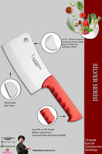 LAZBİSA Silver Serisi Mutfak Bıçak Börek Bıçağı Pizza Pide Bıçağı Kıyma Bıçağı Satırı 3 Lü Set ( Mft-927)