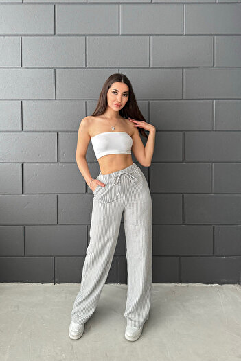 Sun Victoria Women's Gray Elastic Waist Linen Trousers