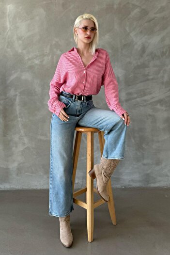 Madmext Pembe Çizgili Oversize Kadın Gömlek Mg2327
