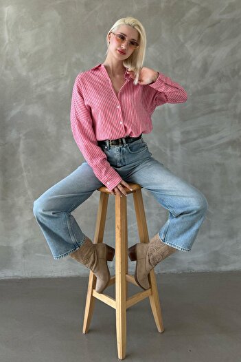 Madmext Pembe Çizgili Oversize Kadın Gömlek Mg2327