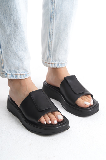Limeo High Side Buckle Cross Strap Leather Summer Women's Wedge Sole Black Slippers Sandals Shoes