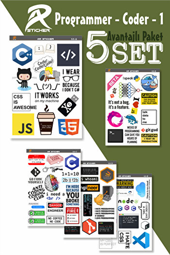 AR Sticker Yazılım & Yazılımcı Temalı Laptop Notebook Tablet Sticker Avantajlı Paket 1 - 5SET