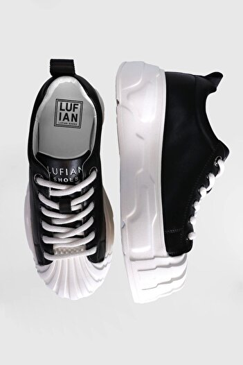 Lufian Genuine Leather Lace-Up High Sole Women's Sneaker Shoes Black