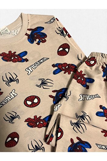Fil Kids Boy's 100% Cotton Beige Color Spiderman Print Long Sleeve Seasonal Pajamas Set