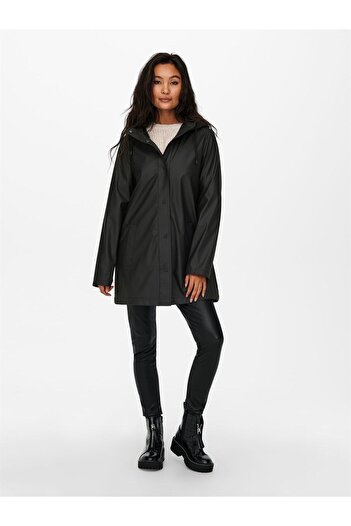 ONLY 15234052 2 Pocket Hooded Leather Coat with Snap Fasteners