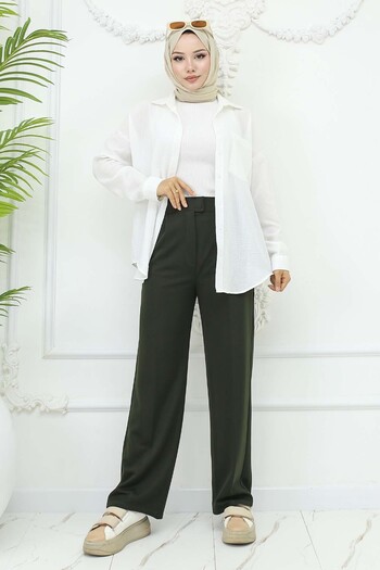 benguen Khaki Colored Wide Leg Palazzo Trousers - Model 3044
