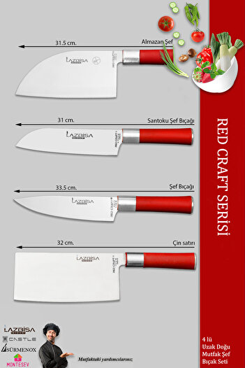 LAZBİSA Red Craft Serisi Mutfak Şef Bıçak Seti Et Ekmek Sebze Bıçağı 4 Lü Set Günlük Kullanım (MFT-325)