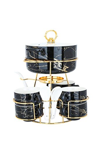 ALSAIF Soup Heater Set With Porcelain Stand 16 Pieces Black Gold