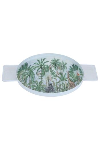 ALSAIF Tofariya Porcelain Dessert Serving Tray Round With Two Hands 30.5 X 21 X 1 Cm Green