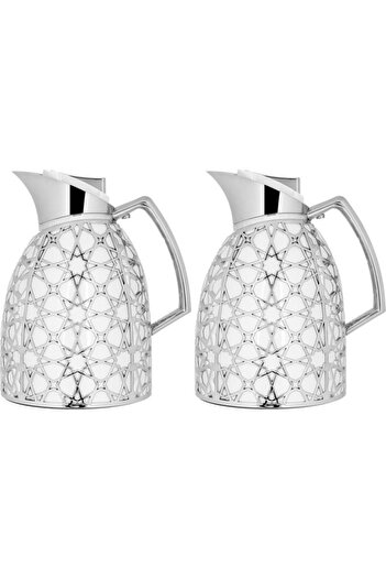ALSAIF Andalusia Glass Thermos Set 0.75/1 Liter Islamic Pattern White Silver