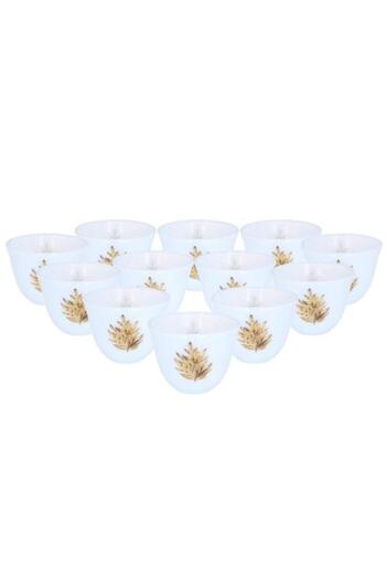 ALSAIF Arcopal Arabic Coffee Cups Set Golden Wooded Pattern Large 12 Pieces White
