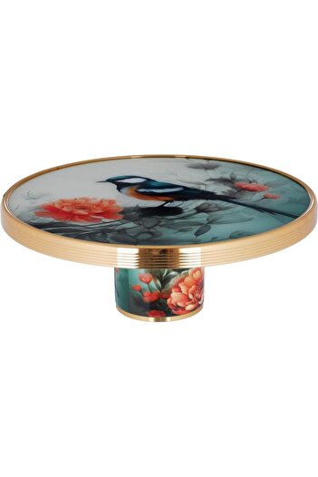 ALSAIF Porcelain Cake Serving Stand 30.5 X 30.5 X 24.3 Cm Round Bird Pattern With Clear Cover Colored