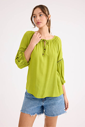 Vitrin Elastic Sleeve Front Tie Linen Blouse