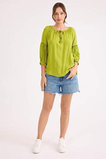 Vitrin Elastic Sleeve Front Tie Linen Blouse