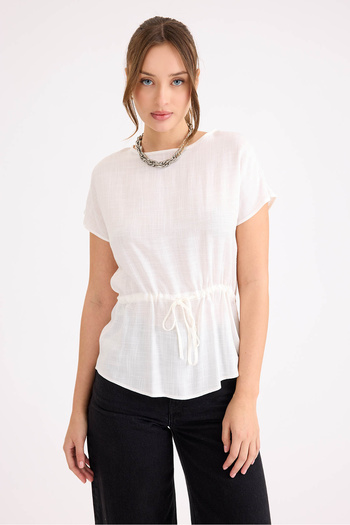 Vitrin Round Neck Linen Blouse with Drawstring Waist