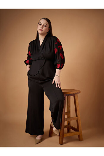 Sassafras By Styli Plus Size Embroidered Sleeves Top and Straight Pants Set