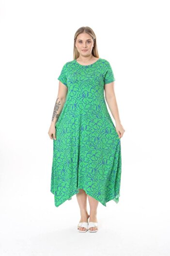 kısmet sepeti Women Plus Size Green Blue Floral Print Asymmetrical Dress