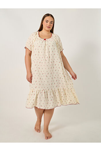Styli Plus Size All-Over Print A-Line Ruffle Hem Sleep Night Dress