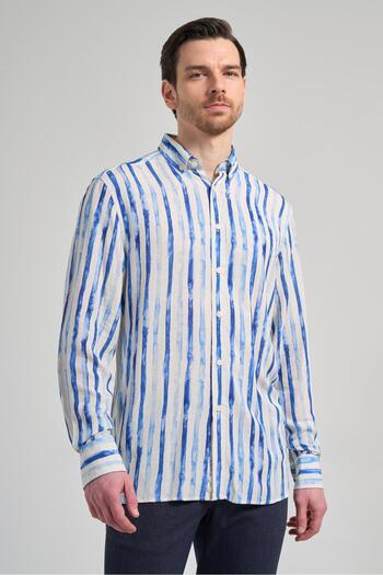 İmza Linen Blend Casual Comfort Fit Shirt - Long Sleeve, Printed Cloth, Button-Down Collar, Pocketless Cutout 1004250139