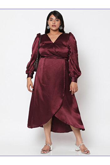 Mish By Styli Plus Size Satin Wrap Front Midi Dress with Tulip Hem