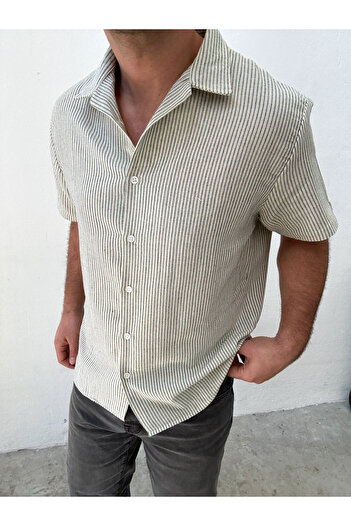 King Brothers Green Striped Muslin Men's Shirt - Short Sleeve