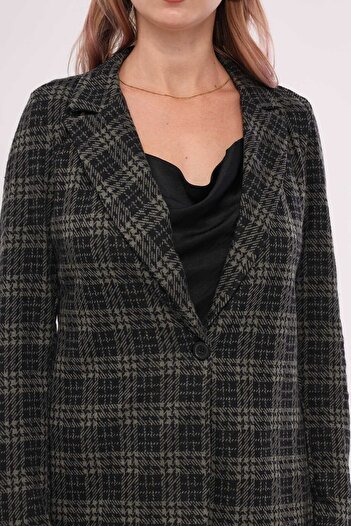 armonika Women's Khaki Stamp Single Button Plaid Jacket ARM-19K001131