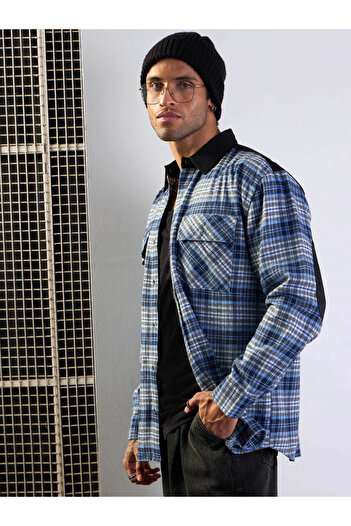 Mascln Sassafras By Styli Elbow Patch Oversized Checked Shirt with Pockets Detail