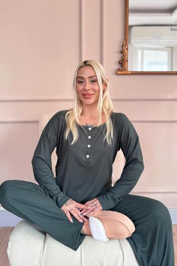 Pijamaevi Yeşil Dublin Uzun Kollu Patlı Kadın Pijama Takımı