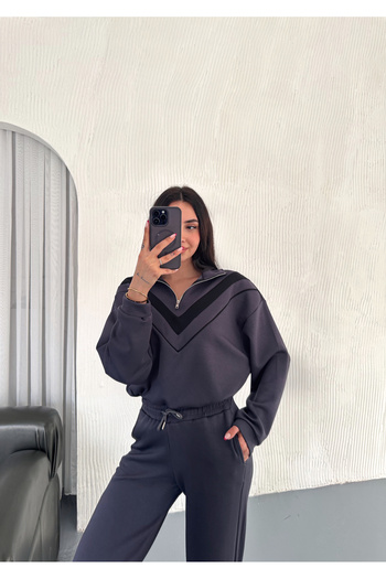 02Lady Fashion Stand Collar Half Zipper Garnished Modal Fabric Set