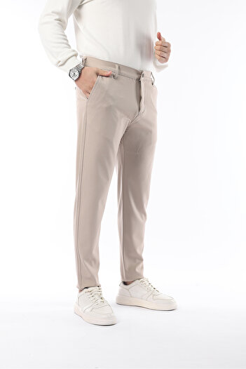 İDS COLLECTİON Εποχικό παντελόνι μπεζ Slim Fit από ύφασμα Lycra