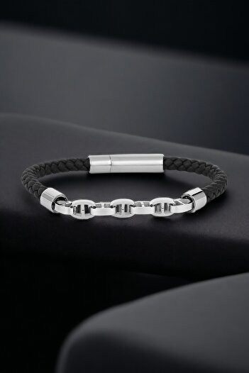 Daniel Klein Men's Bracelet Genuine Leather Stainless Steel Detailed Black Color Snap Buckle