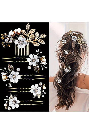 Eva Flore 5Pcs Gold Floral Pattern Leaf Hair Clip - Hair Accessory Bun Barrette for Brides