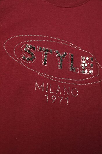 FTT SHOPPING MARKET Single Jersey Fabric Stone Detailed Women's T-Shirt-Burgundy
