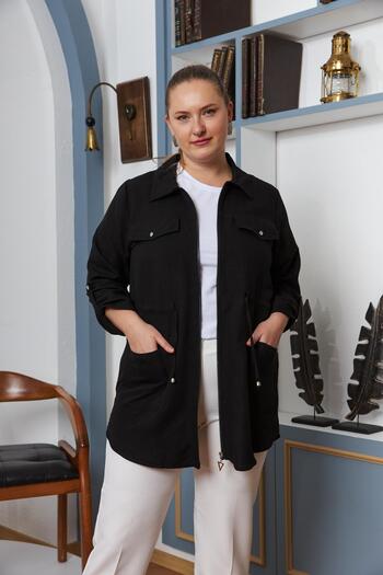 RMG Large Size Black Jacket with Zipper and Waist Lace Detail