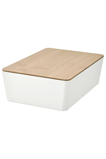 erorex Box with lid, white/bamboo, 18x26x8 cm
