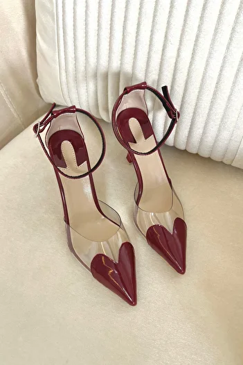Elvessa Burgundy Patent Leather Heart Comfortable Fit 7cm Heeled Shoes