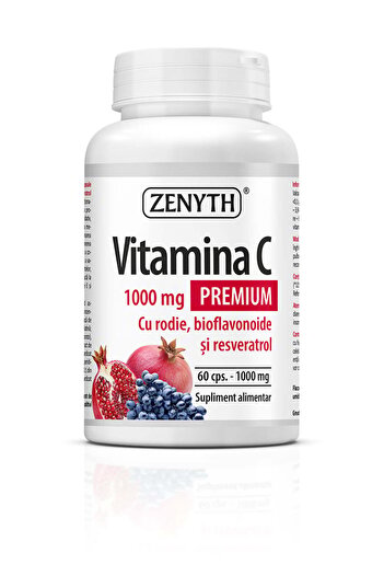 ZENYTH Vitamin C Premium 60 capsules, Pomegranate, Resveratrol and Bioflavonoids, 1000 mg/capsule,