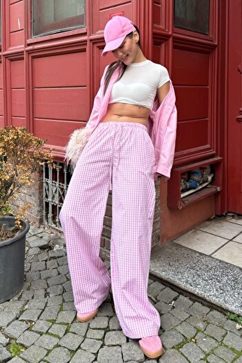 Madmext Pembe Pötikareli Bol Paça Kadın Pantolon Mg2335