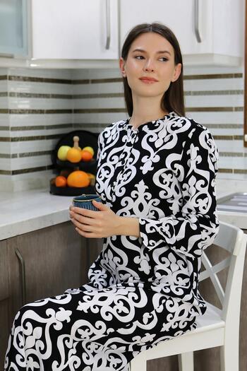 Akbeniz Women's Black Long Sleeve Combed Cotton Night and Home Dress - 25500