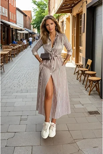 Pasaklı Giyim Rochie de damă cu țiglă negru bej în dungi cu curea de buzunar, ocazională, cu mânecă lungă, ocazională, rochie cămașă lungă3259300